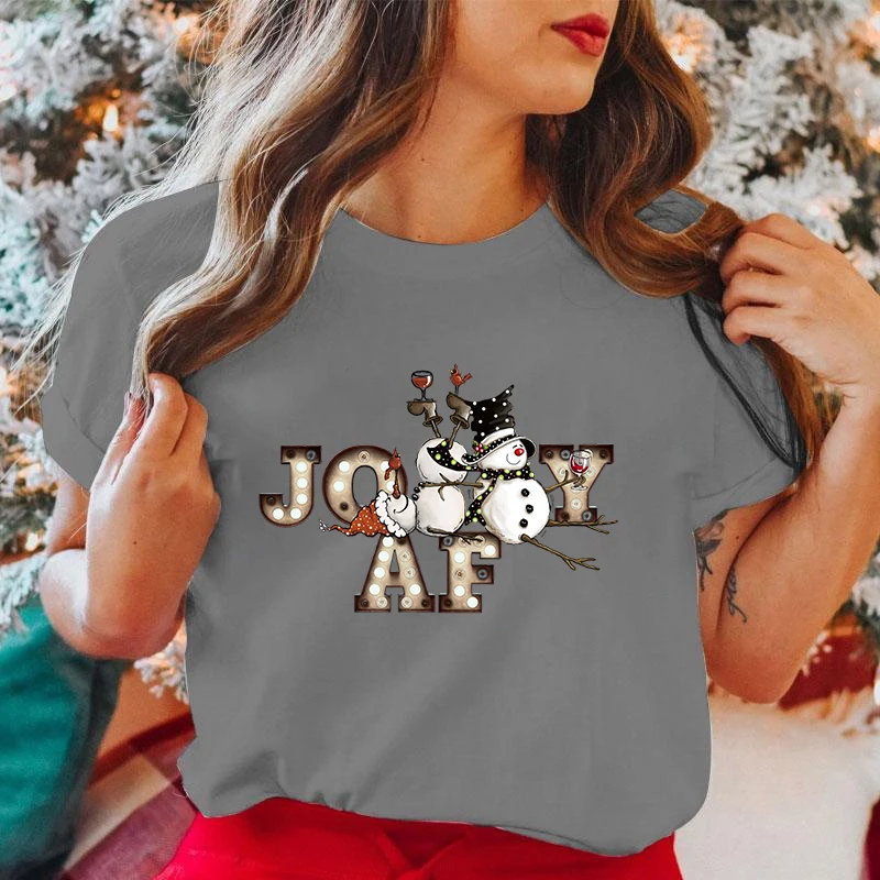 (Premium T-shirt)New Christmas Joy Af Snowman Letter Printed T-Shirts For Female Summer Tee Shirt Casual Short Sleeve Round Neck