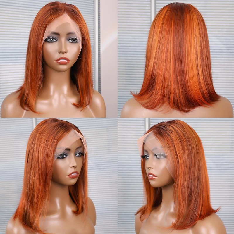 Прямой парик Боб Шелковистый мелированный рыжий оранжевый цвет 200% Плотность 13x4 Парик фронта шнурка 100% парики из человеческих волос Предварительно выщипанные детские волосы