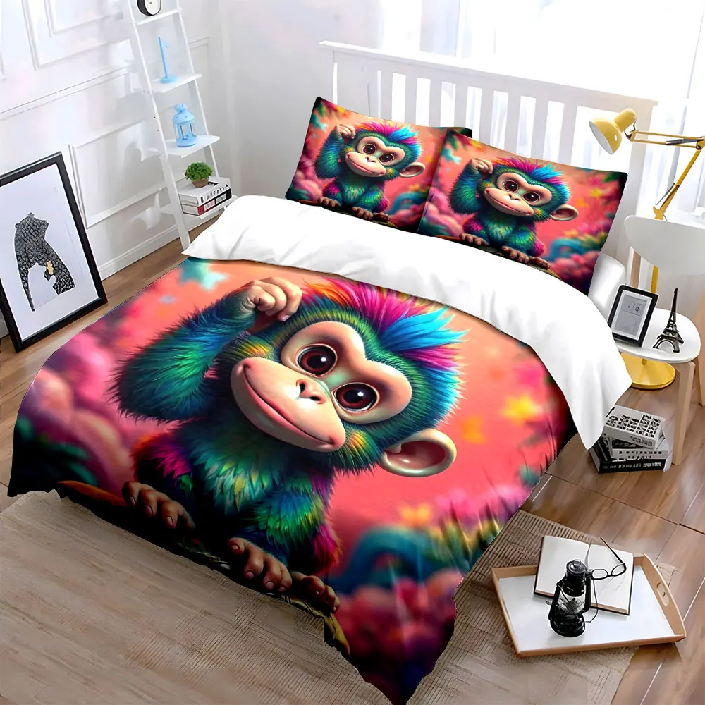 Colorful fluffy little monkey Printed Duvet Cover Set1 Duvet Cover+2 PillowcaseMulti Size Bedroom Bedding Decor Luxury gifts