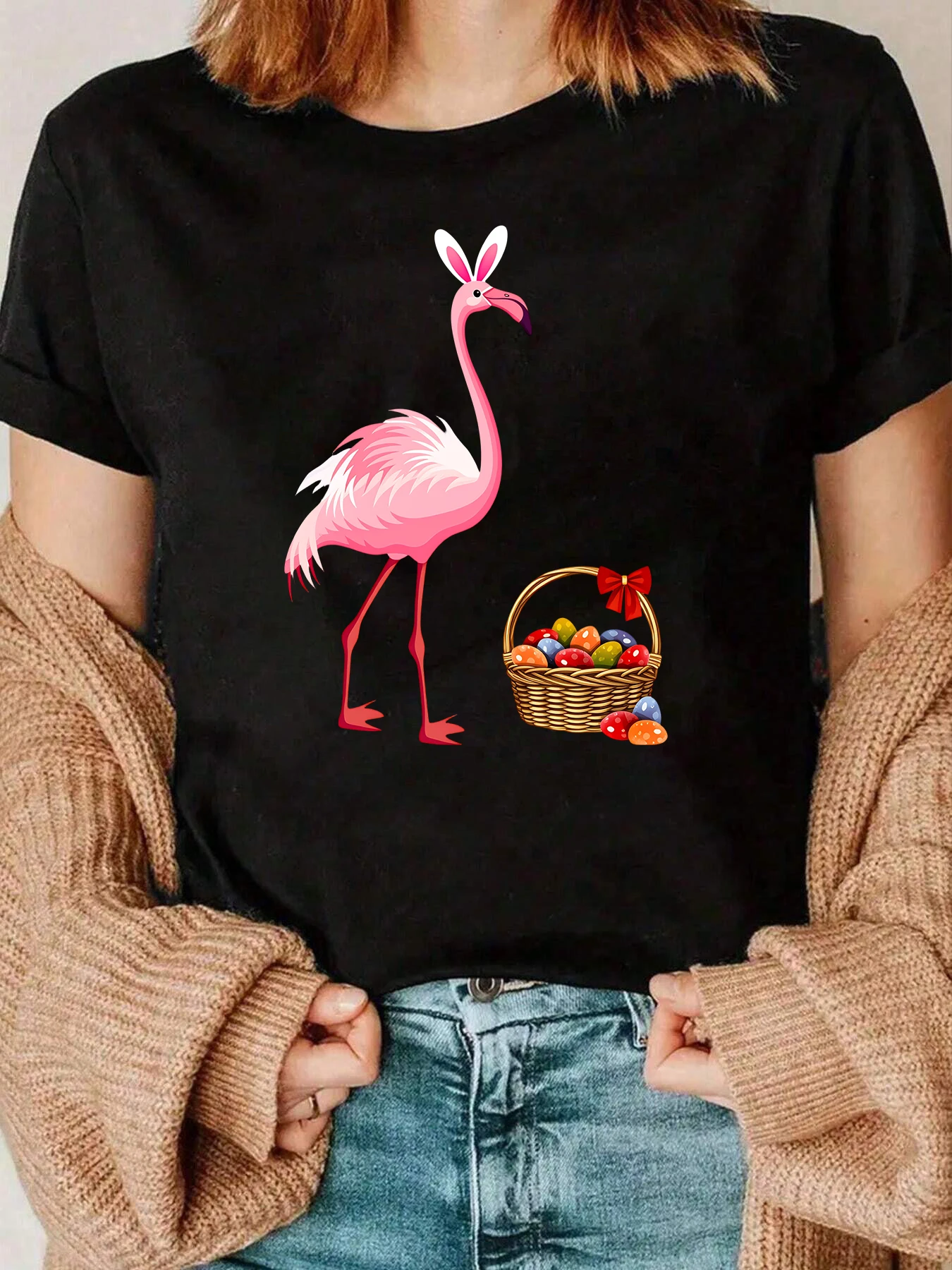 Camiseta con estampado de flamenco y cesta de Pascua, ropa informal para vacaciones de Pascua para mujer, 220g