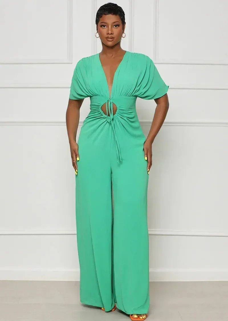 

GUWU Women Vintage V-neck Drawstring Roll Drap Waist Straight Wide Leg Jumpsuit Summer Female One Piece Set Playsuit