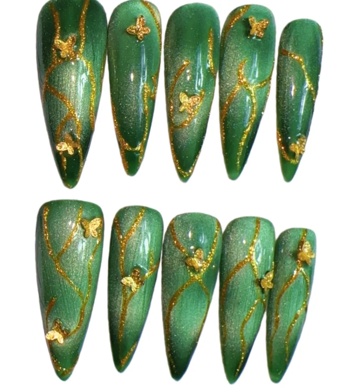 10개입 골드 나비 프레스온 네일 스틸레토 수제 캣아이 웨이브 라인 글리터 미니멀리스트 데일리 인조 손톱