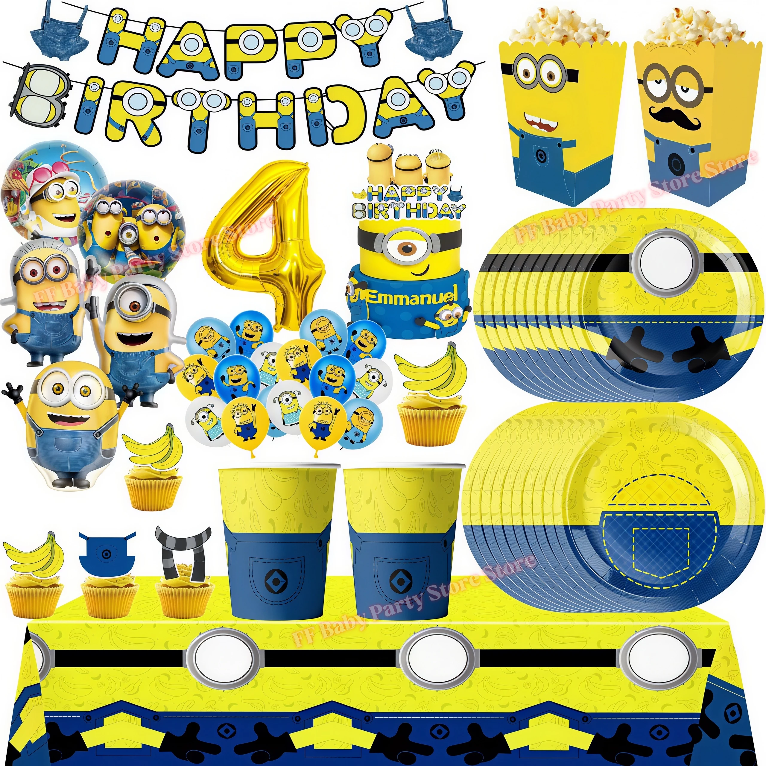 Kit de Decoração para Festa de Aniversário Big Eye Yellow Man: Pratos, Copos, Guardanapos, Faixa, Balões, Lembrancinhas Infantis e Artigos para Chá de Bebê