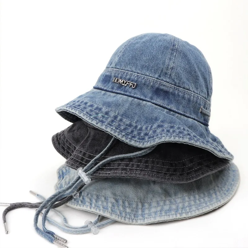 

Korean Vintage Washed Denim Bucket Hat - Women's Fashion Sunshade Fisherman Hat For Spring Summer, Adjustable Uv Protection Cap