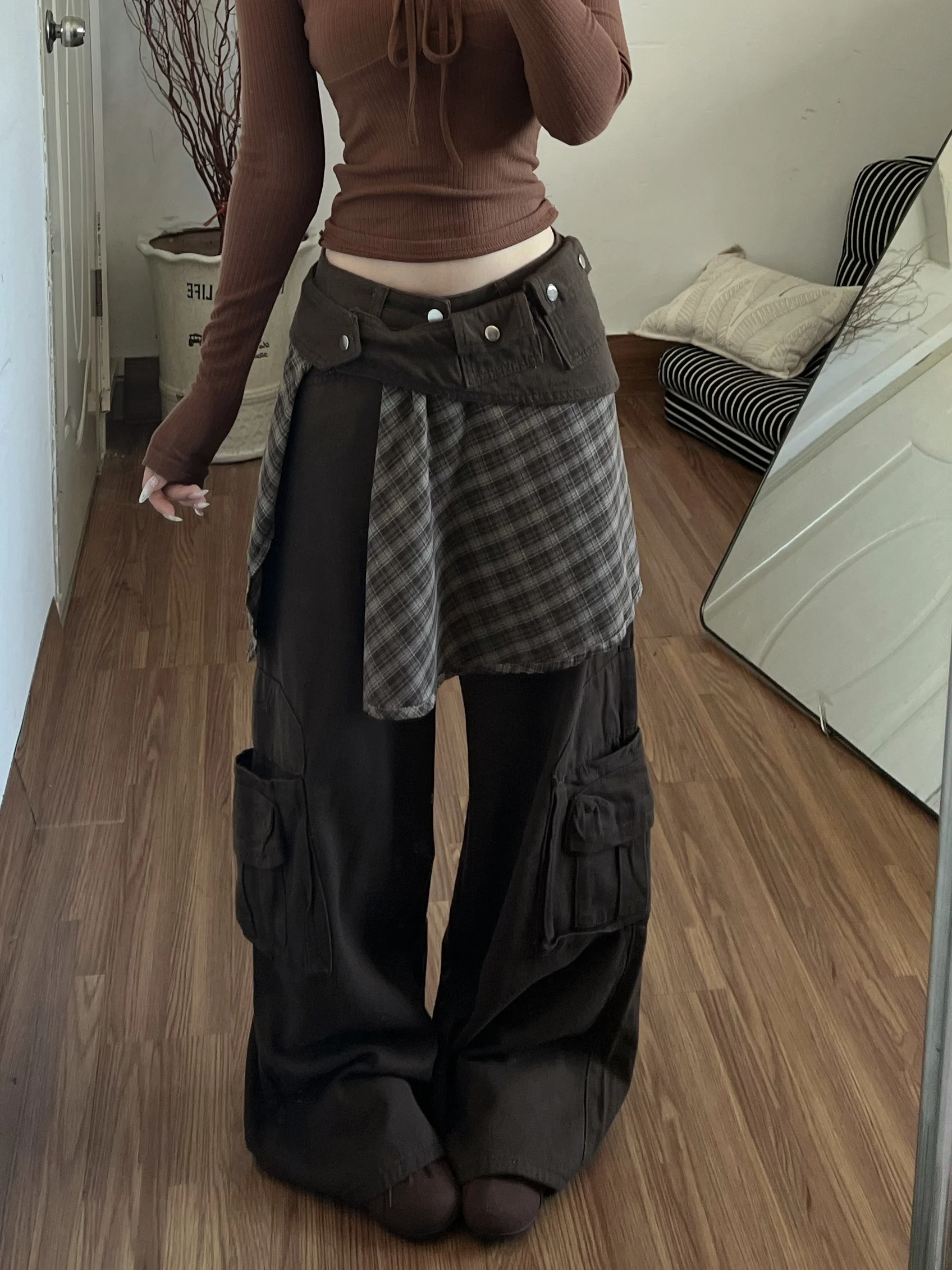 

Американские ретро-джинсы в клетку с широкими штанинами, женские свободные повседневные брюки, осенне-зимние, с высокой талией, в стиле рабочей одежды, с пышными рукавами