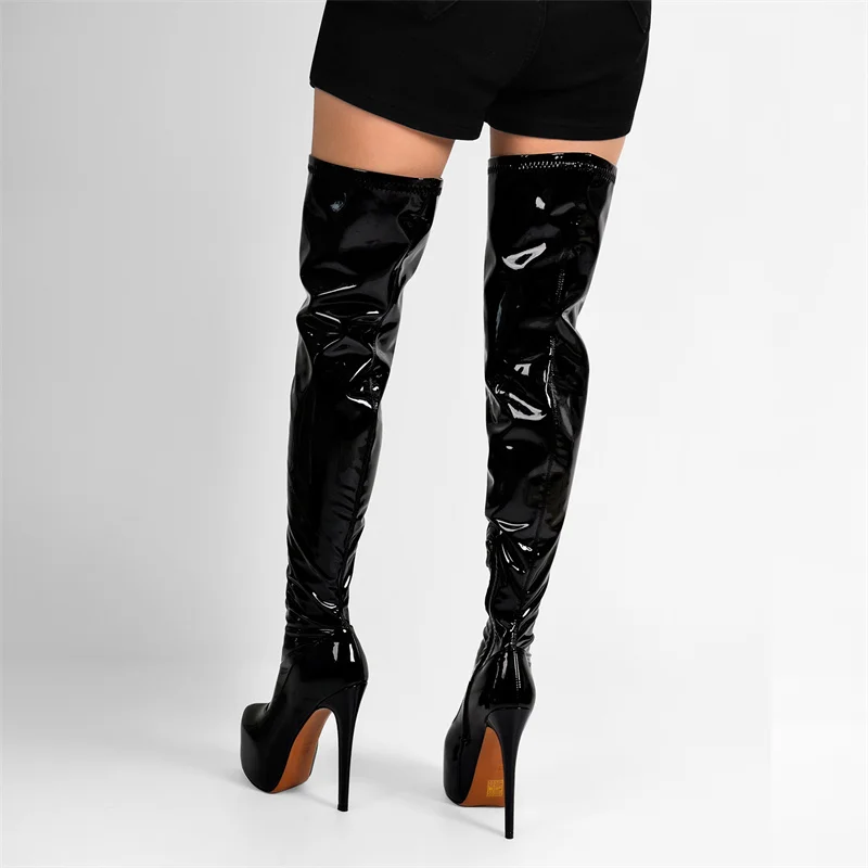 Onlymaker Women Black Over The Knee Boots Patent Leather Thin High Heel Zipper Female Winter Sexy Lady Boots