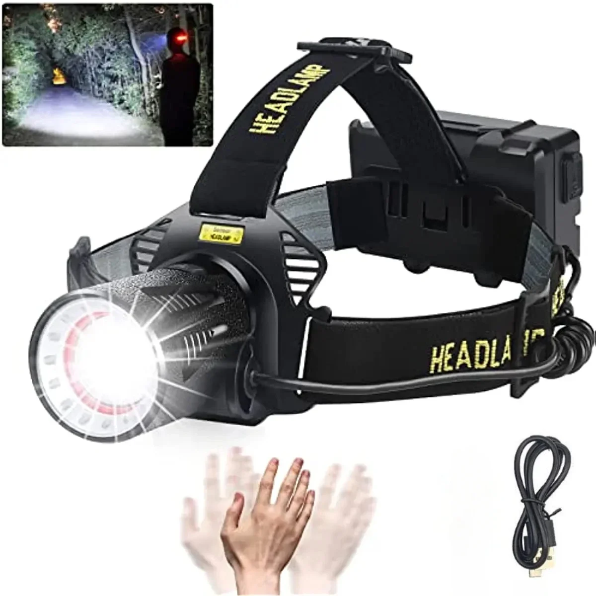 

Powerful P360 LED Headlamp Smart Motion Sensor Headlight 4 Modes Rechargeable Head Flashlight Waterproof Zoom Head Lamp