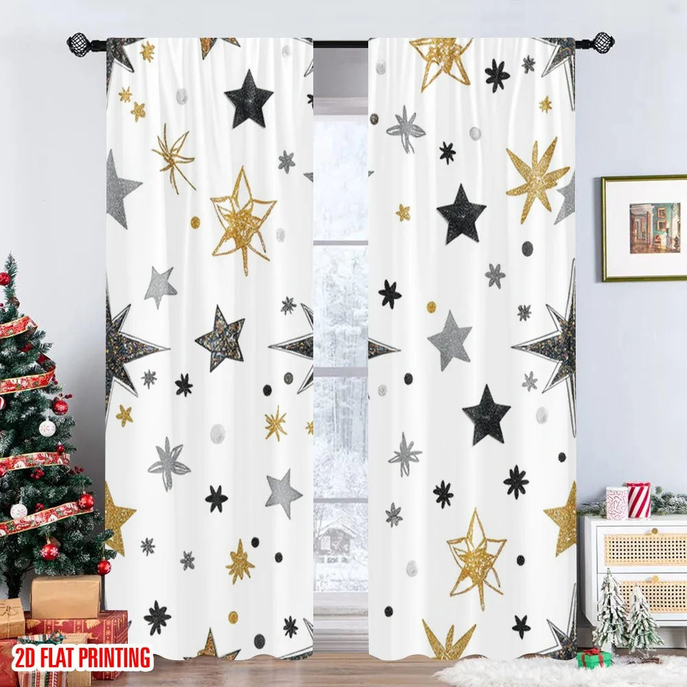 2 قطعة 2D الطباعة المسطحة نافذة الستائر نجوم سلس الذهب الأسود الرقمية المطبوعة البوليستر الستائر زينة الحفلات للصور