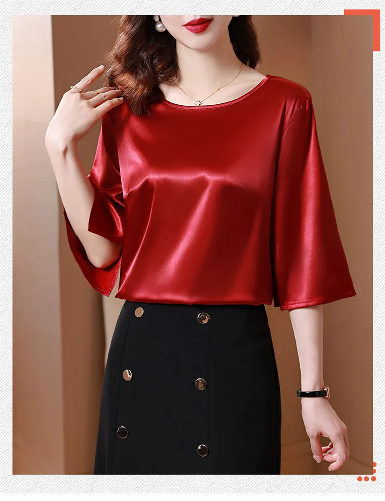 2026 Spring and Autumn New All-match O-neck Three-quarter Flared Sleeve Acetate Satin Blouse tops Basic Simple Ice Silk Shirts