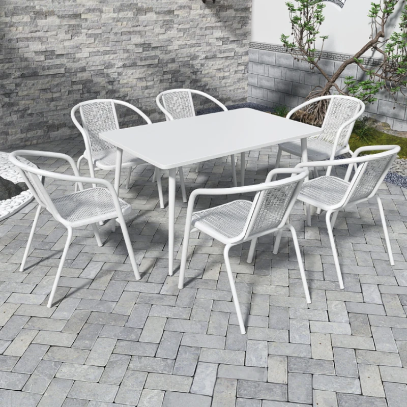 Outdoor Dining Table and Chairs Courtyard White Long Square Table Outdoor Casual Salon De Jardin Garden Furniture Sets WK50HY