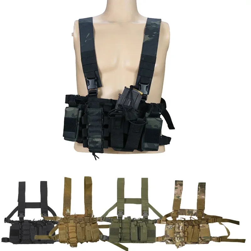 FG atacs Tactical Chest Rig Bag Molle Airsoft Vest with Magazine Pouch Holster Hunting Functional Two Way Walkie Talkie Holder