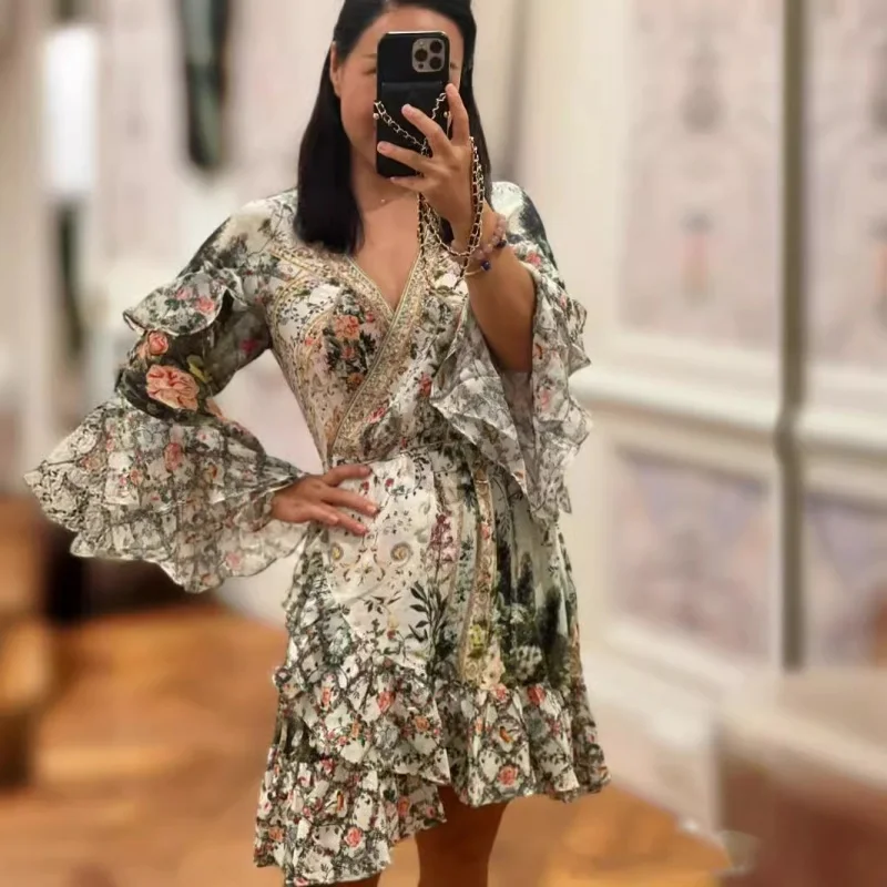 

2024Summer New Vacation Wind Flower Floral Skirt Vintage Silk Floral Print Short Dress Long Sleeve Women