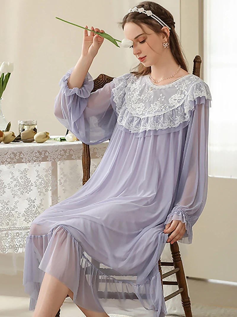 Autumn Spring Women Vintage Princess Fairy Sleepwear Lace Mesh Ruffles Long Sleeve Nightgowns Victorian Homewearjavascript: