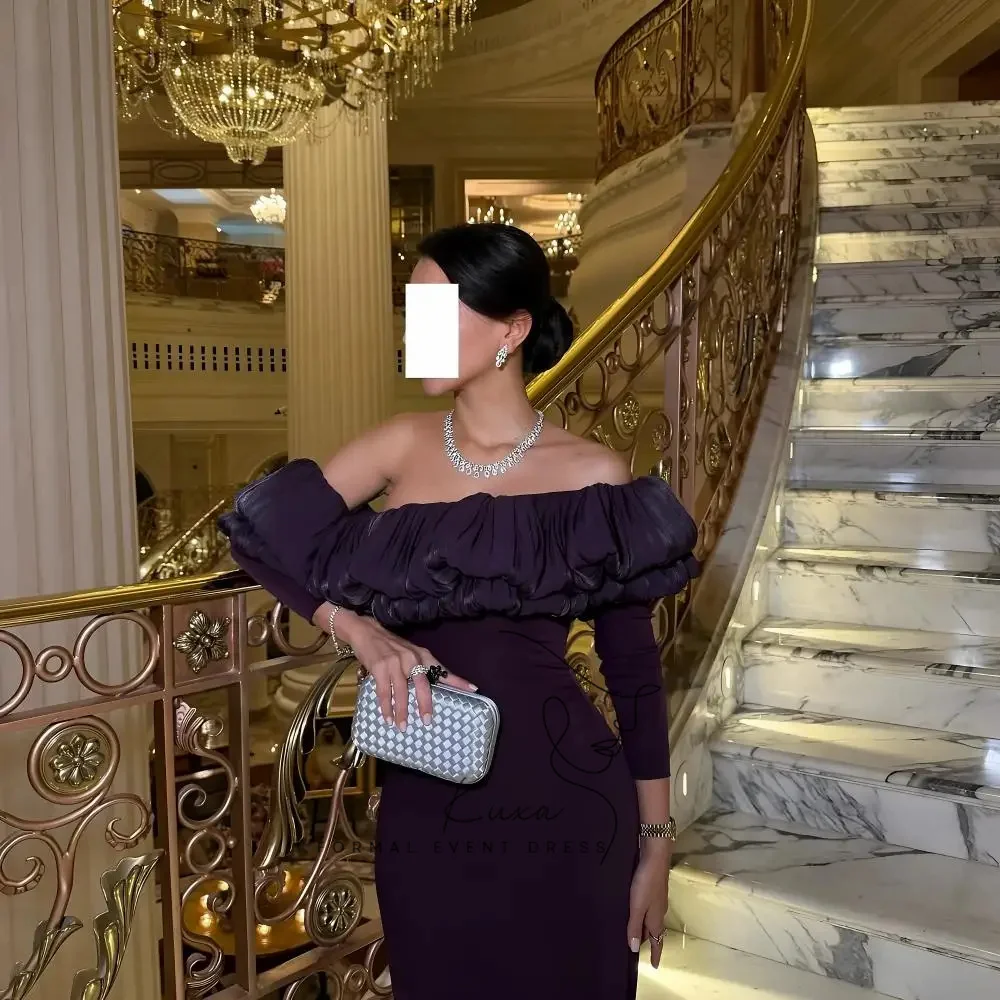 KUXA Purple Off-Shoulder Ruffle Long-Sleeve Trailing Mermaid Evening Dresses Luxury Formal Prom Gala Upscale Party Gowns 2026