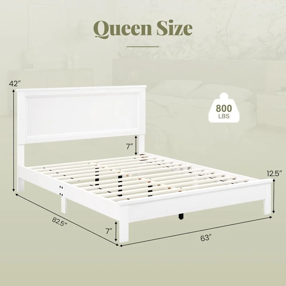 Houten queensize platformbedframe met hoofdeinde, Mid Century bedframe met massief houten poten en houten lattenbodem