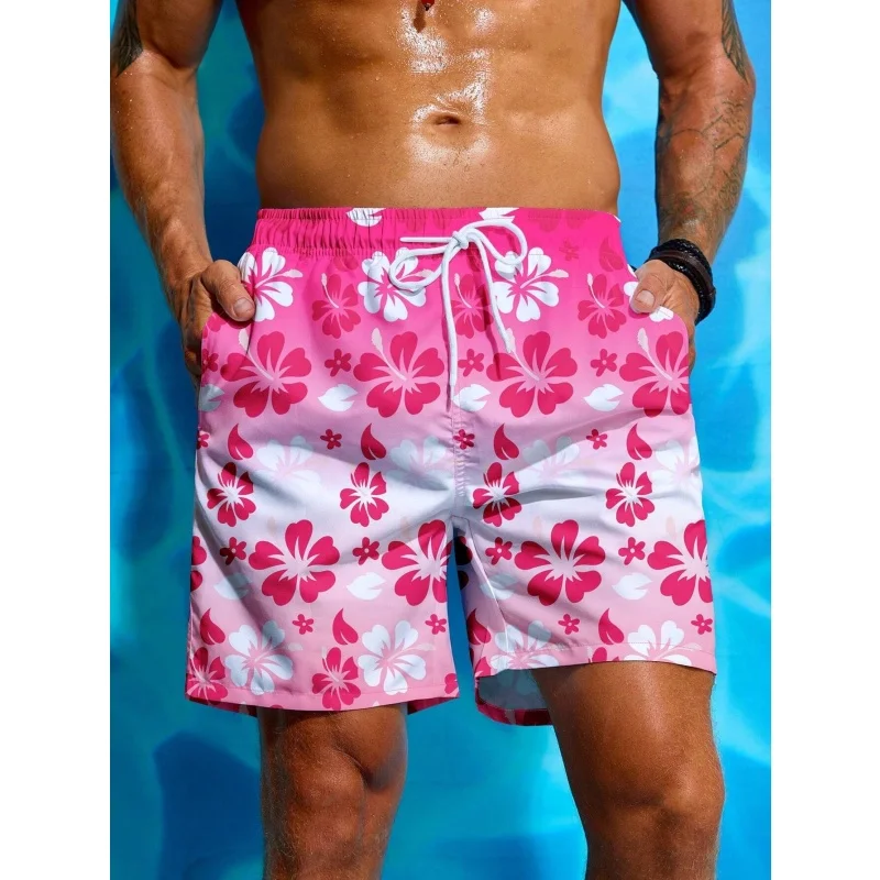 Colorful Flower Graphic Swim Trunks For Men Gradient 3D Print Beach Shorts Summer Casual Quick Dry Sport Loose Surf Short Pants