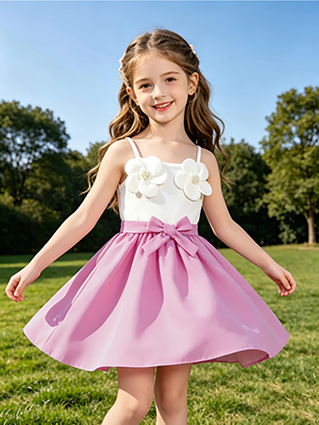 Girls' Pink and White Color Block Floral Spaghetti Strap Princess Dress, Summer Bow A-Line Skirt