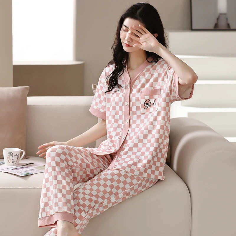 Summer 100% Cotton Pajamas Women Short Sleeved Home Service Women's Simple Loose Casual Suit Large Size 2XL