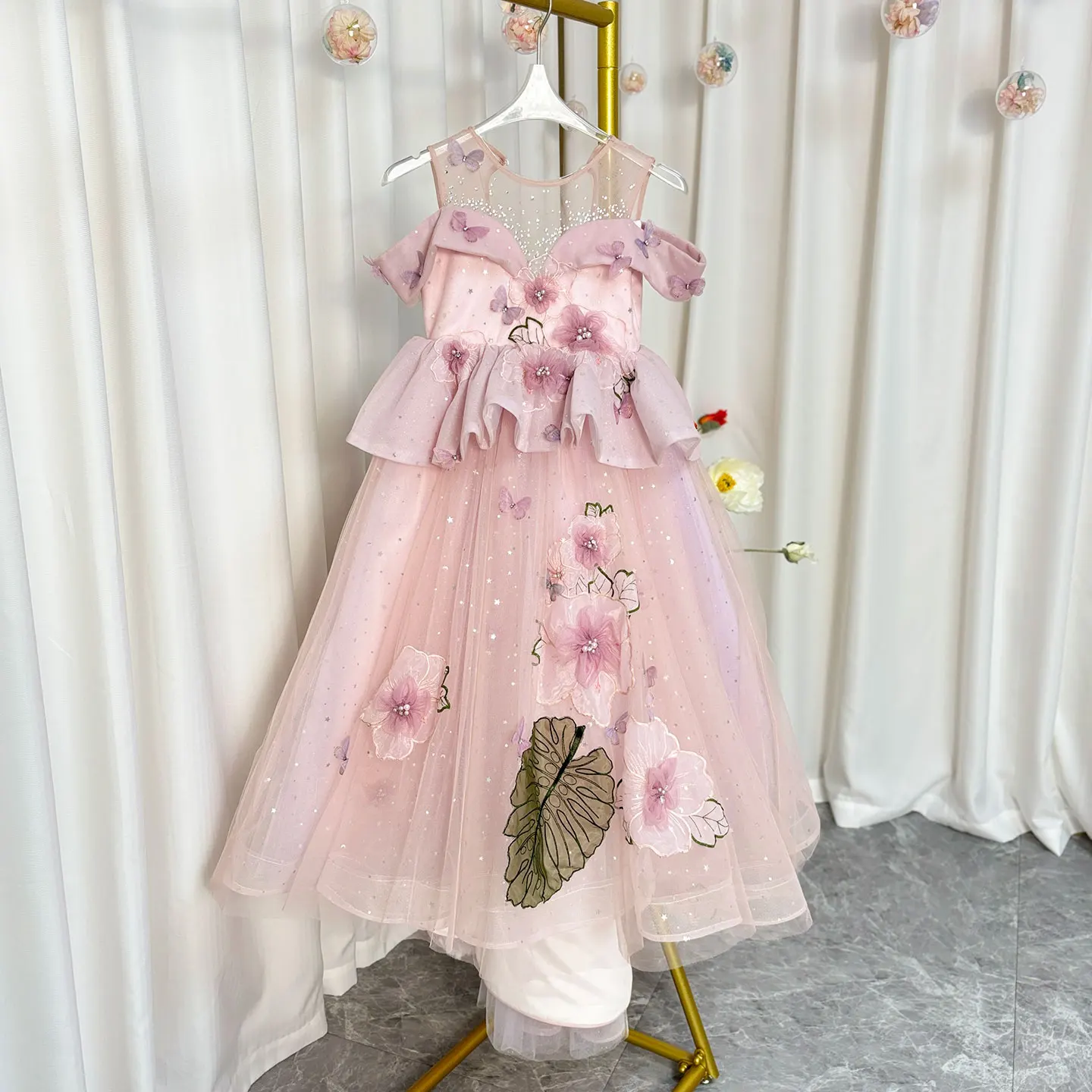 Jill Wish J362 Luxury Pink Dubai Lace Girl Dress with Flowers Princess Wedding Birthday Pageant Party Performance Evening Gown