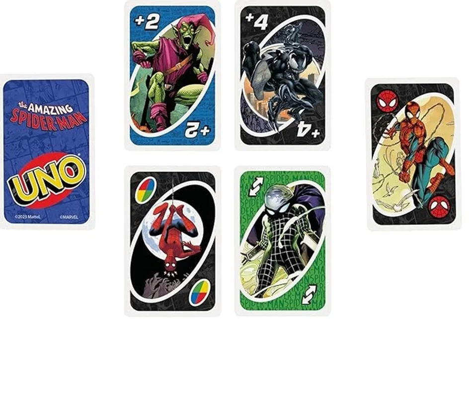 Mattel 게임 UNO 스파이더맨 카드 게임, TV 쇼 테마 그래픽 및 특별 규칙, 2-10 인용, 가족의 밤