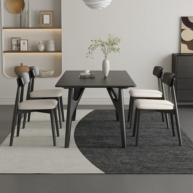 for Nordic Black Solid Wood Rock Slab Dining Table and Chair Set Household Small Apartment Rectangular Bird Design Old Style