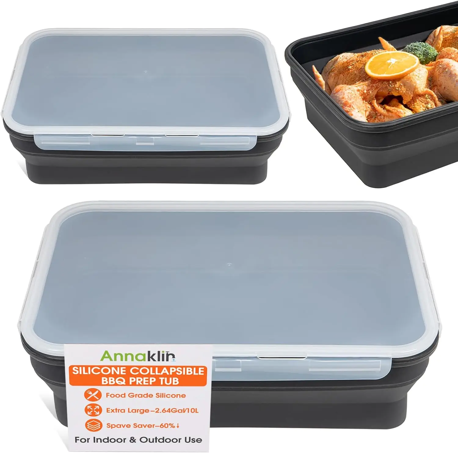 

Силиконовый складной контейнер для маринования мяса с крышкой, 2,64 галлона/10 л, 2 штуки, очень большой складной таз для подготовки к барбекю, T