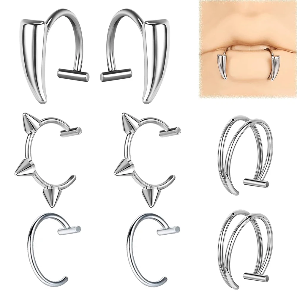 8 Stück Edelstahl Fake Lippenring Vampirzähne Ring verstellbar nicht durchdringend Lippenstulpe Nasenpiercing Schmuck für Damen Herren
