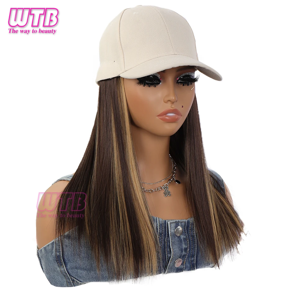 WTB-Casquette de Baseball pour Femme, Perruques Synthétiques Ultraviolets, Cheveux Longs et Raides, Perruque Ajustable, Chapeau Connecté, 1 Pièce