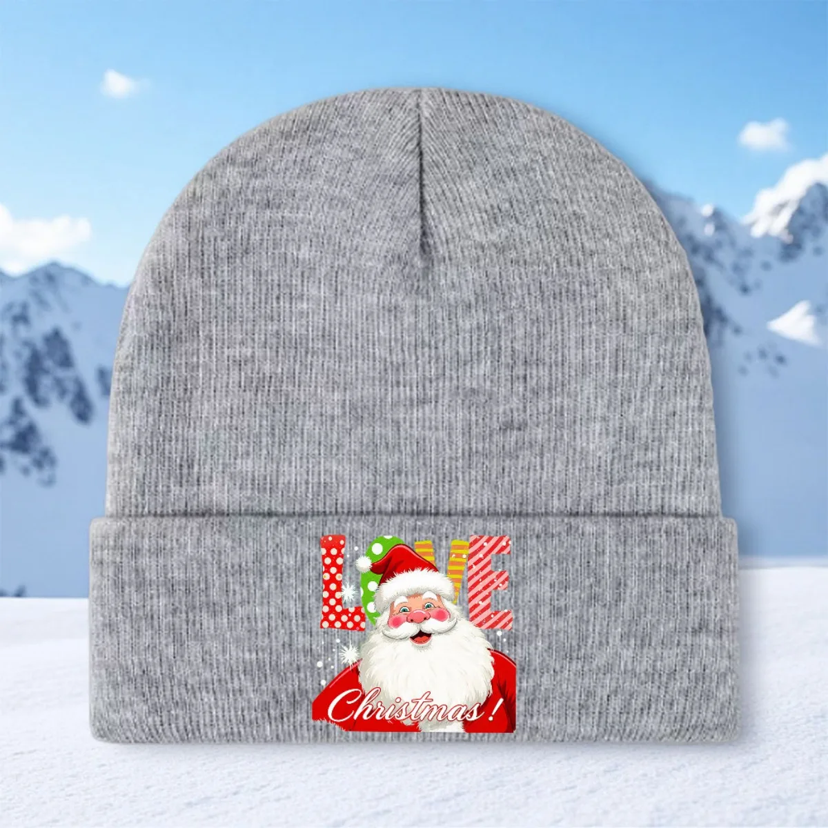 Santa Claus Christmas Beanie Hat Unisex Winter Warmth with Santa Face Snowflake Print, Stretchy Knit Beanie for Men Women