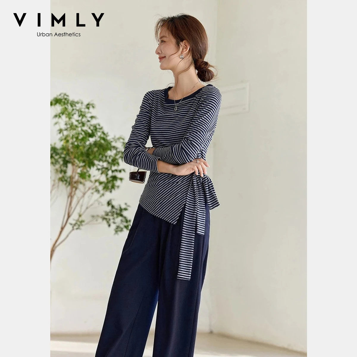 

VIMLY Women's Striped Knit Two-Piece Set 2026 Spring New Asymmetrical Tie Slim Top Wide Leg Trouser Casual Loose Pant Sets A3696