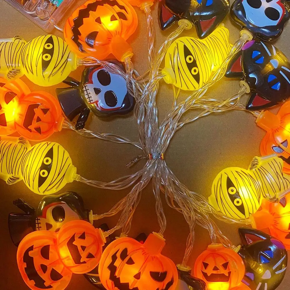 1PC Halloween 10 LED Battery Powered String Lights With Ghost Witch Cat Pumpkin Spider Web Skeleton Mummy Pirate Shape Indoor