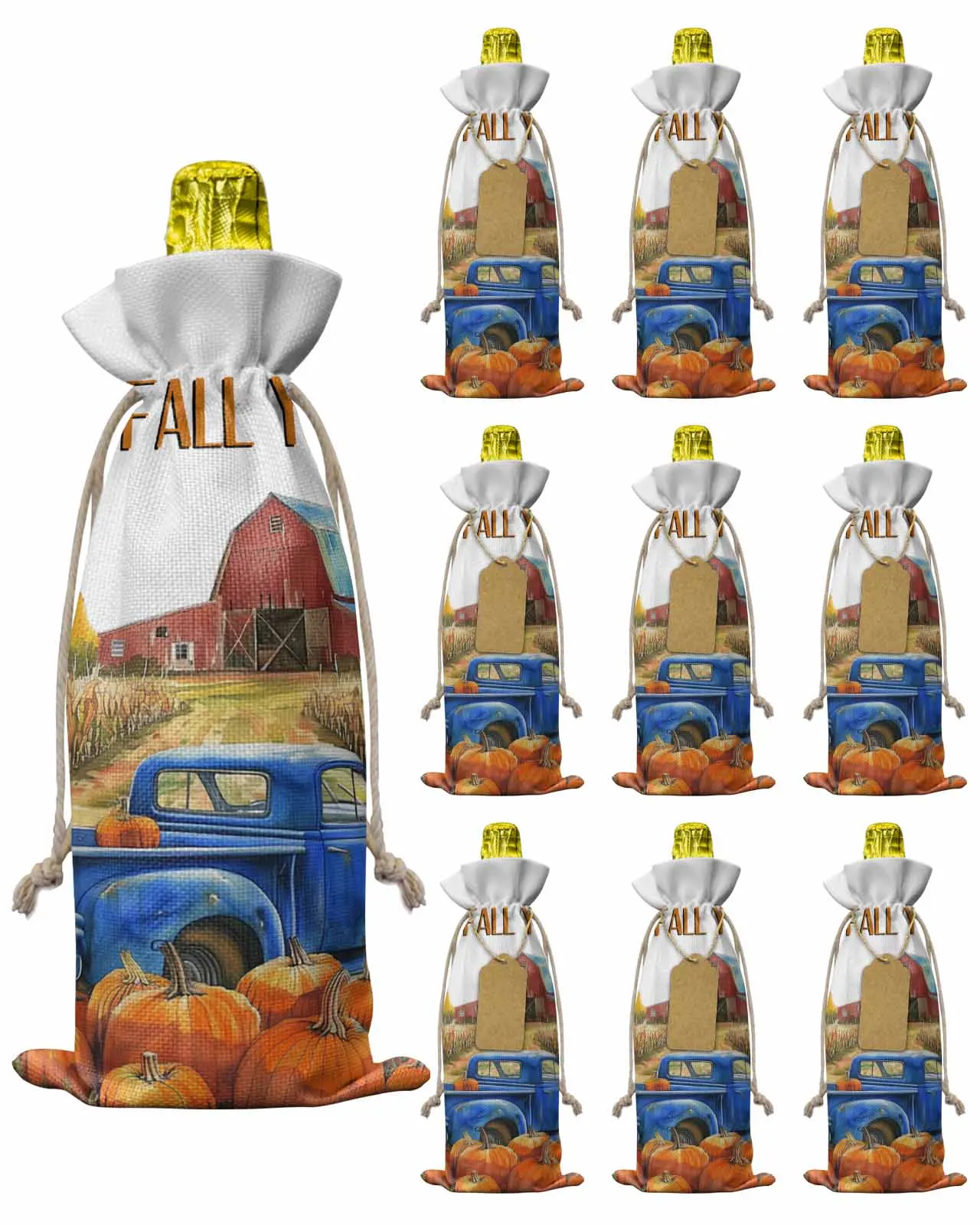 10pcs Pumpkin Truck FarmWine Bottle Bag with Drawstring Festive Party Decor Wine Bottle Covers Gift