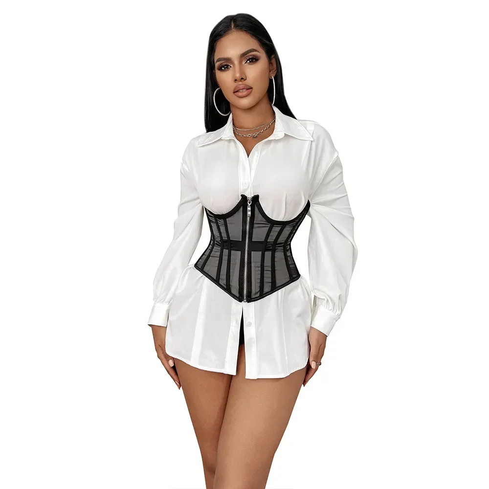 Sexy Black Mesh Women Waist Trainer Corset Goth Vintage Bustiers Slim Body Belts Streetwear See Through Corsets