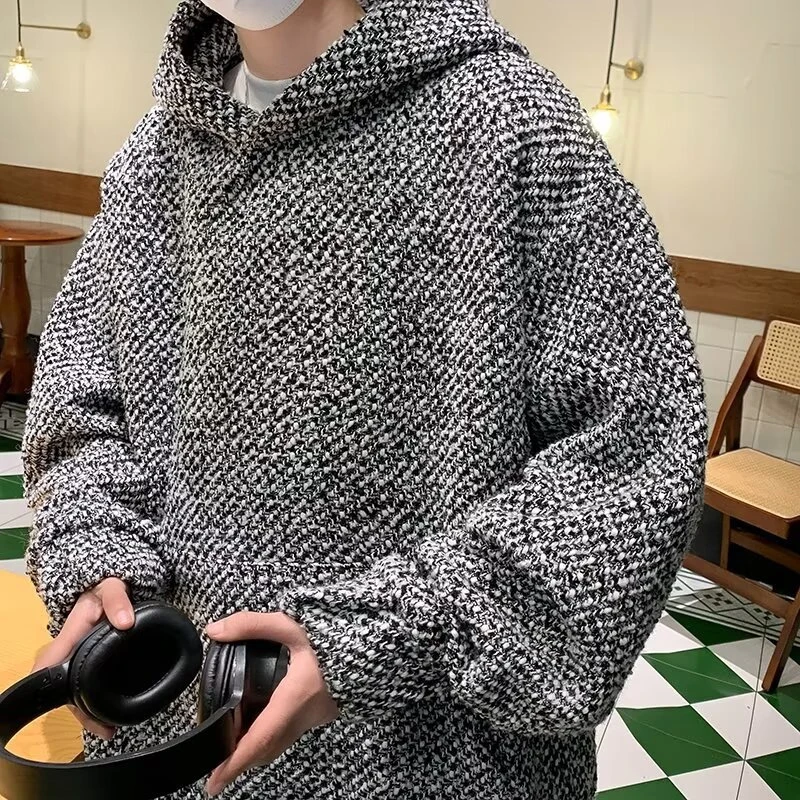 

Vintage Jacquard Crochet Knitted Hoodie Men New Spring Long Sleeve Loose Fashion Hooded Sweatshirt Mens Knitwear Casual Hoodies