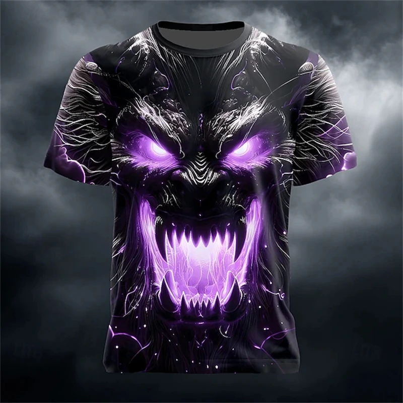 2025 New Men's Summer Round-neck T-shirt Outdoor Loose and Casual Short-sleeved Retro Men's Scary Ghost Face Print T-shirt