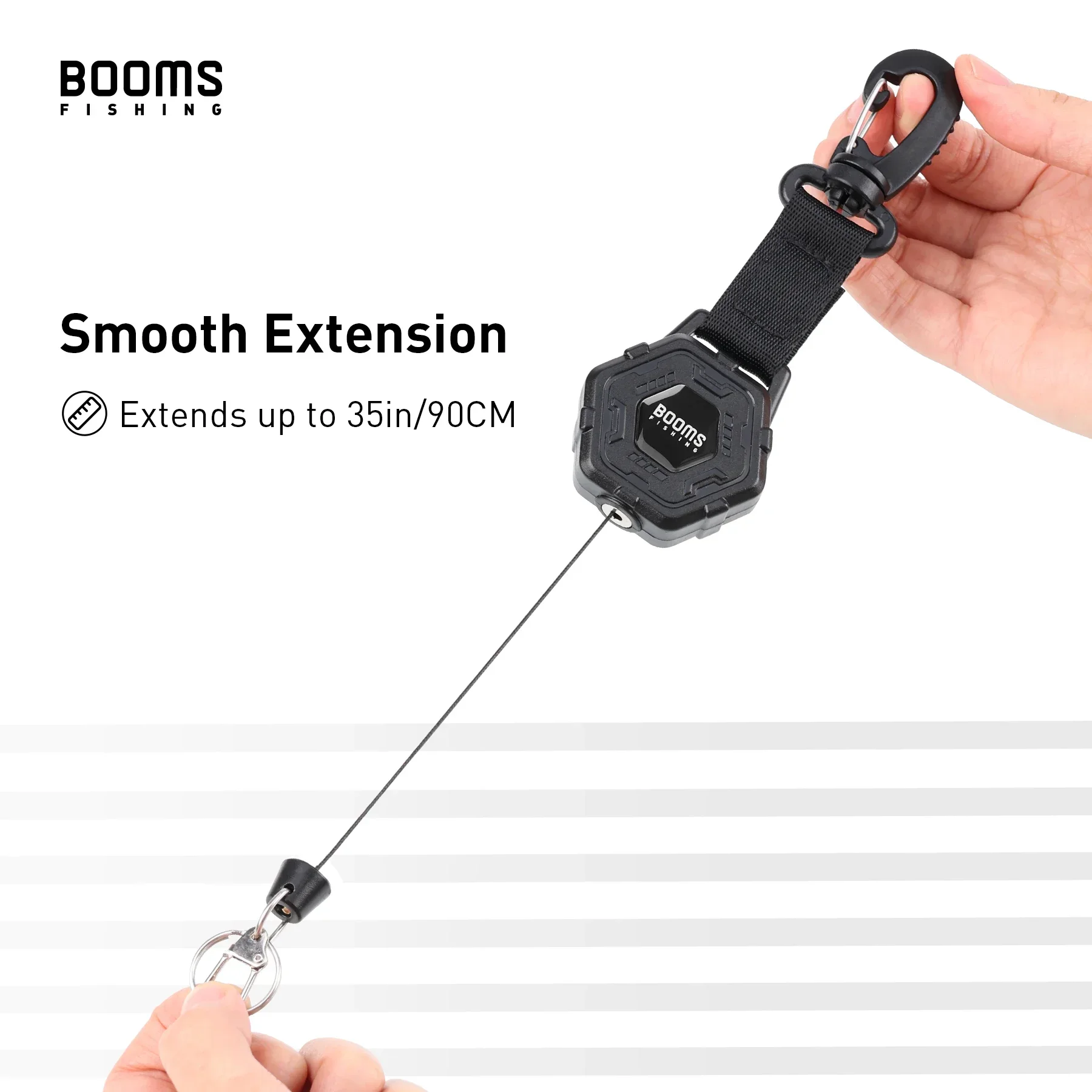 Booms Fishing RG5 Retractable Keychain Carabiner Heavy Duty Zinger Retractor 90cm Telescopic Steel Wire Lanyard Tool Accessories