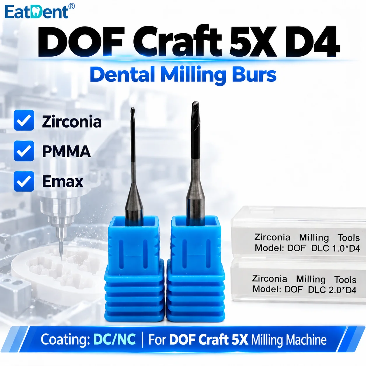 DOF Craft 5X Dental Milling Burs for Zirconia PMMA Lithium Disilicate/Emax D4 DC Coating CAD CAM Dental Lab Cutter Grinding Tool