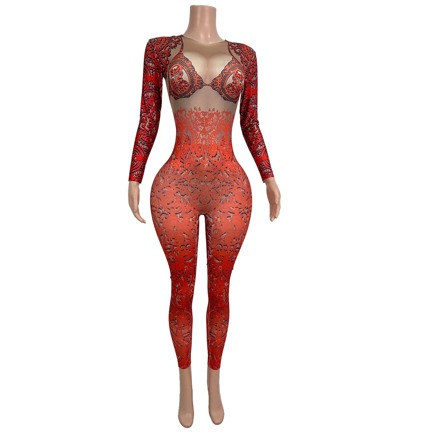 

Photoshoot Long Sleeves Print Skinny Spandex Rompers Women Dancer Bodysuit Festival Outfit Drag Queen Stage Performance Jumpsuit
