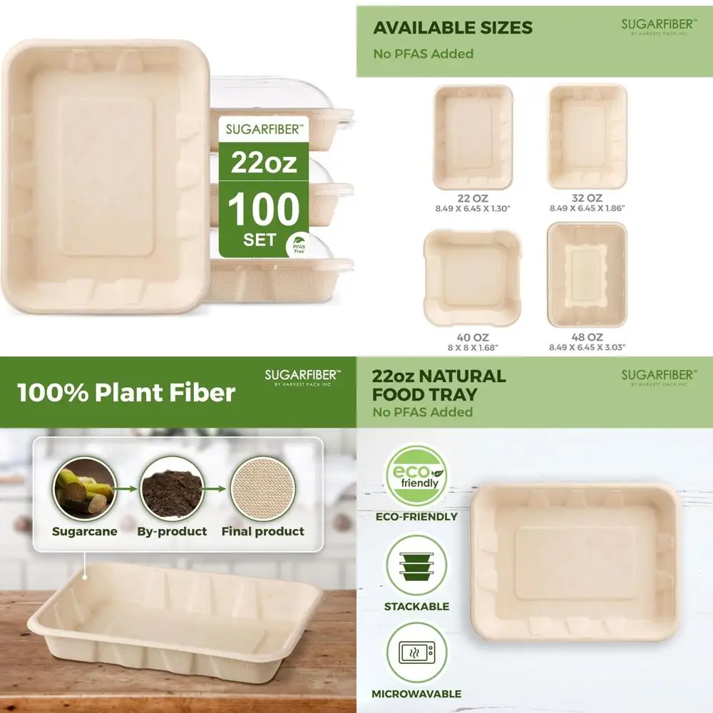

[100 SET]Harvest Pack 22 oz PFAS FREE Disposable Food Trays with Dome Lids, Compostable Disposable Food Container Bagasse Servin