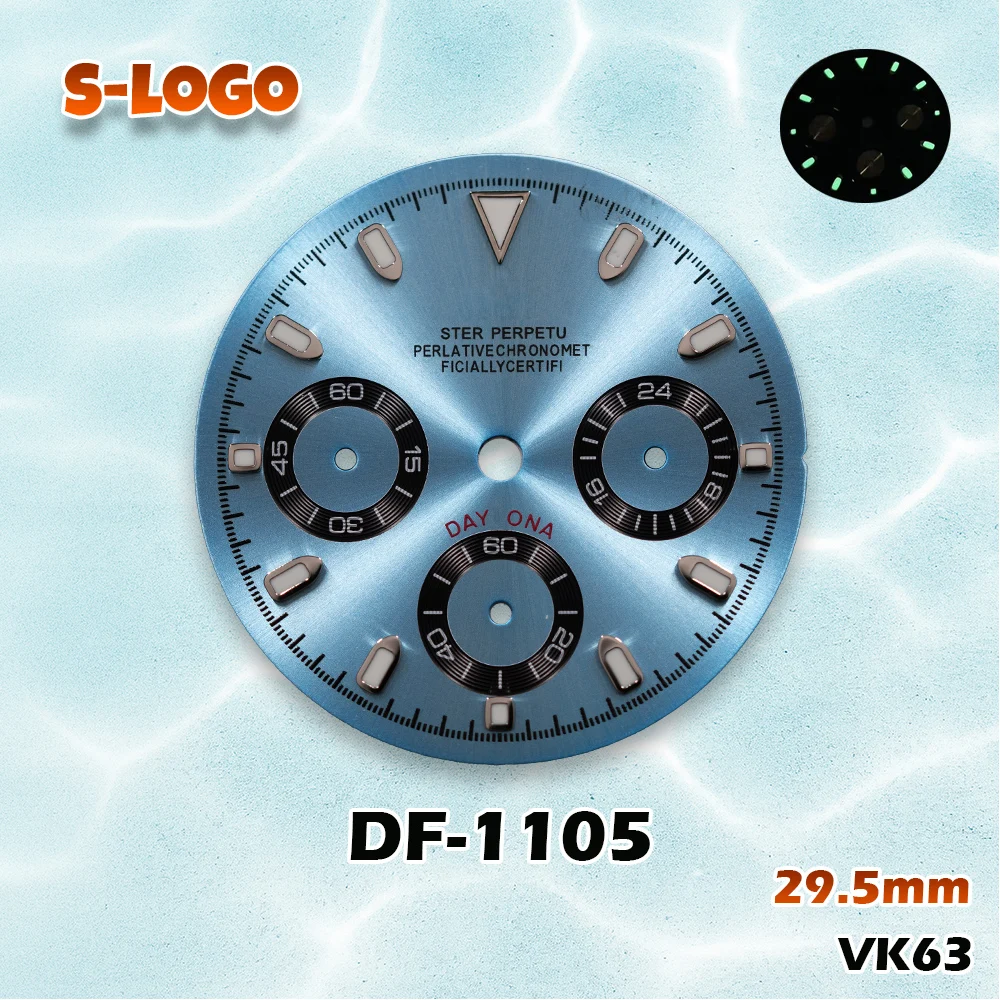 Versatile Panda Chronograph Dial 29.5mm for VK63 | Green Luminous, S Logo | Men's Watch Modification Accessories