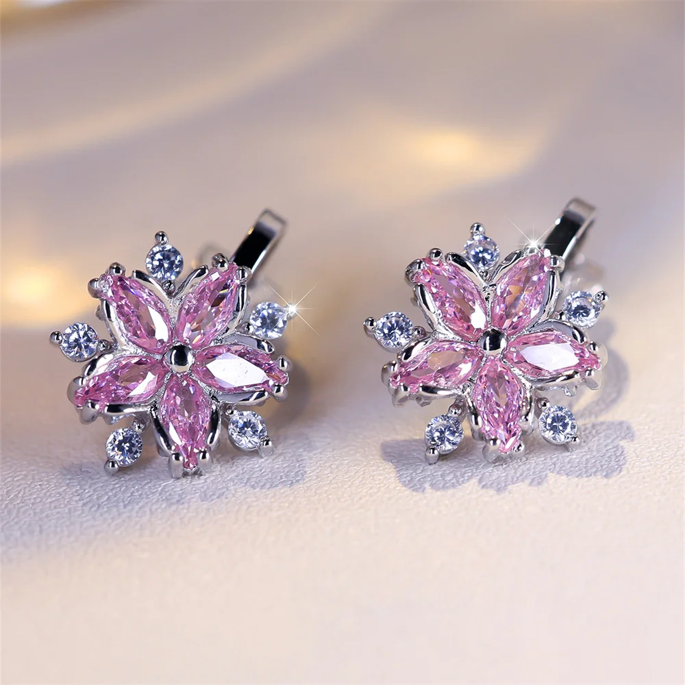 Elegant Pink Crystal Sakura Clip Earrings White Zircon Cute Flower Earrings For Women Vintage Silver Color Wedding Jewelry Gifts