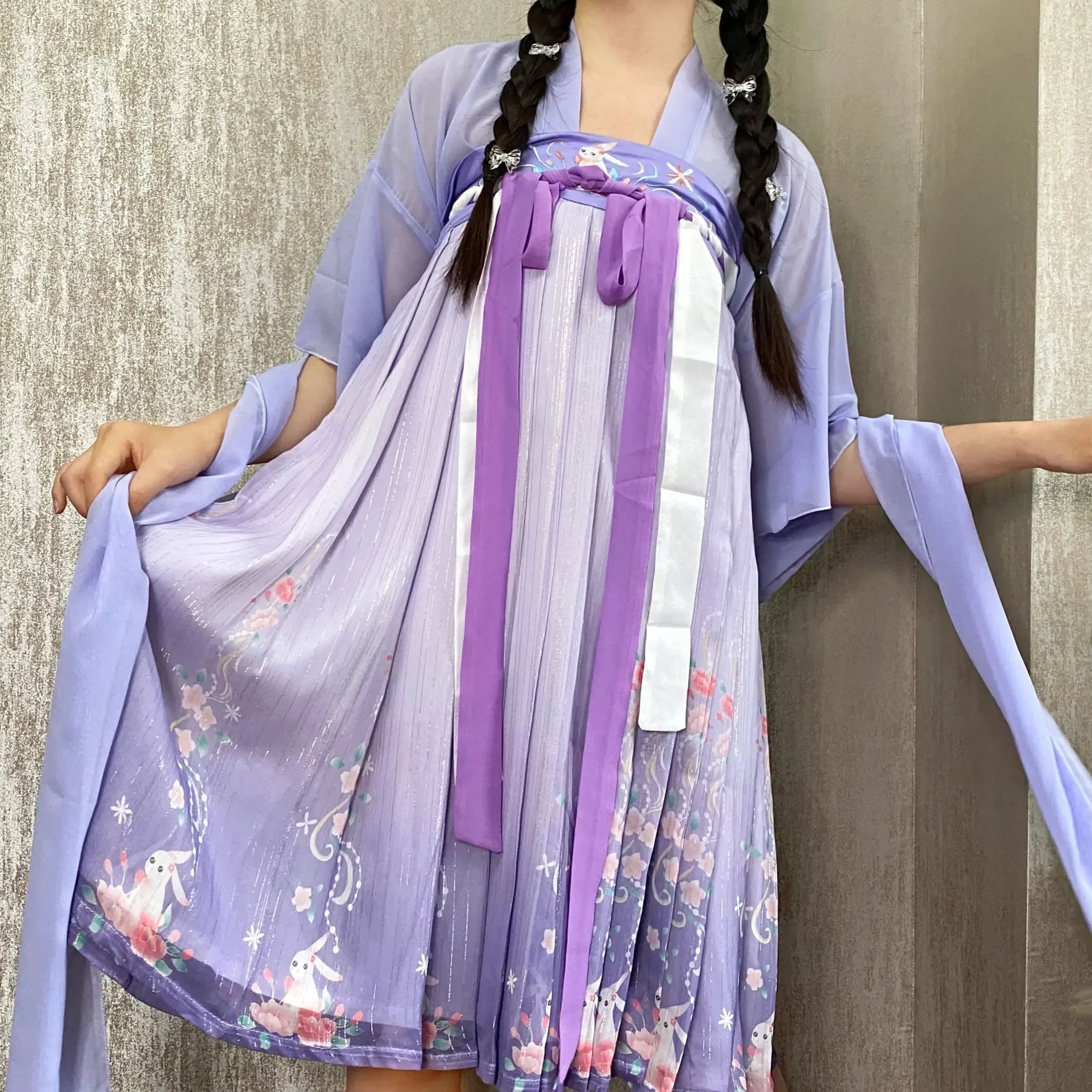 Женский костюм Лолиты Hanfu с вышивкой кролика, красного цвета, с длинным рукавом и оборками, симпатичное хлопковое стильное платье, летнее платье с градиентным цветом