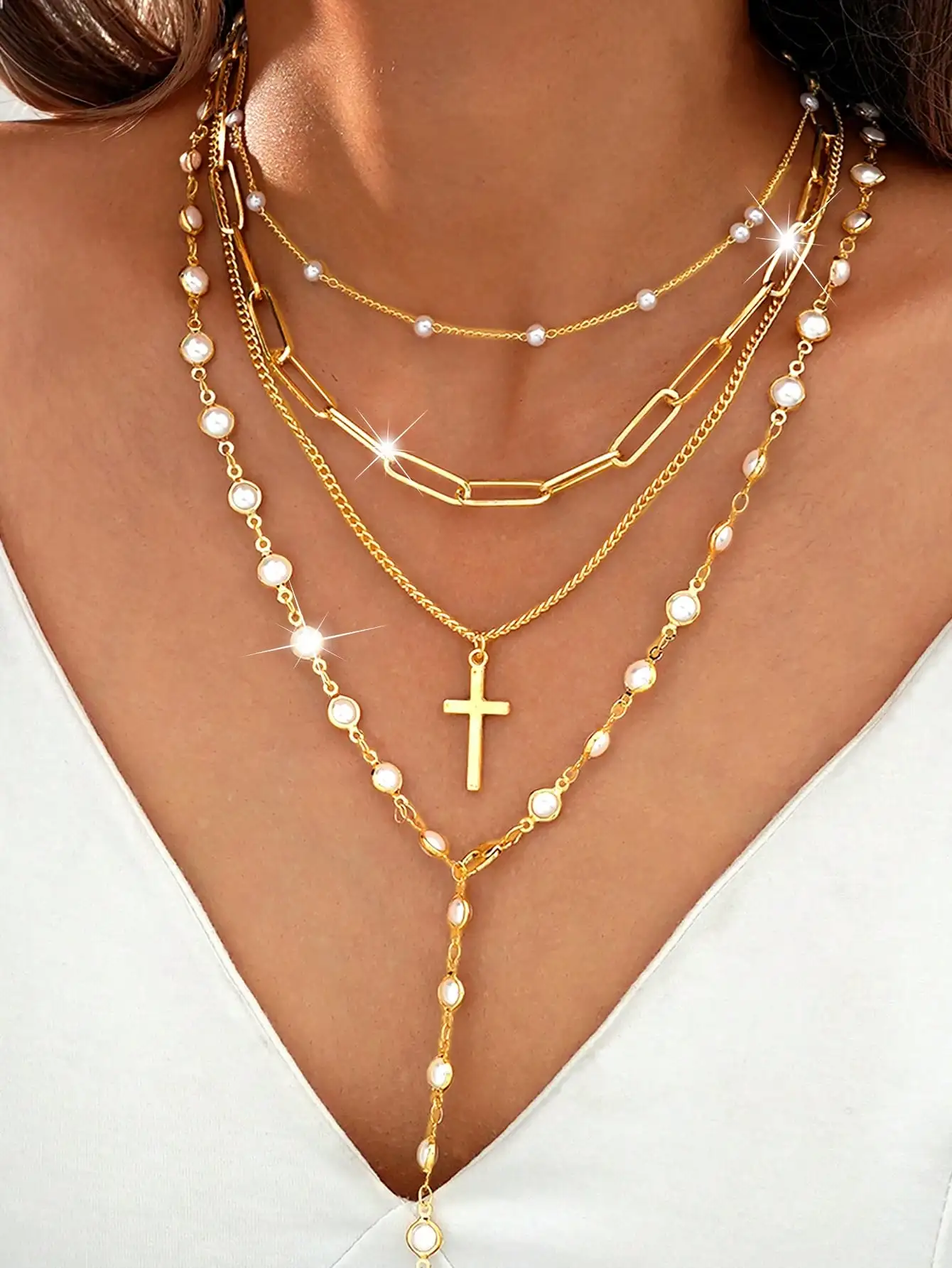 طقم قلادة معدنية عصرية وبسيطة وأنيقة للنساء مكون من 1/4 قطعة مع قلادة طويلة على شكل حرف Y وعناصر متقاطعة، مناسبة للارتداء اليومي والحفلات والعطلات والمواعيد كهدية للعطلات