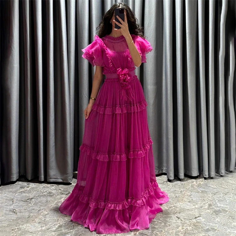 Elegant Dubai Solid Evening Dresses Ruched O-Neck A-Line Pleated Sleeves Formal Prom Dress Tered Ruffles Occasional Party Gowns