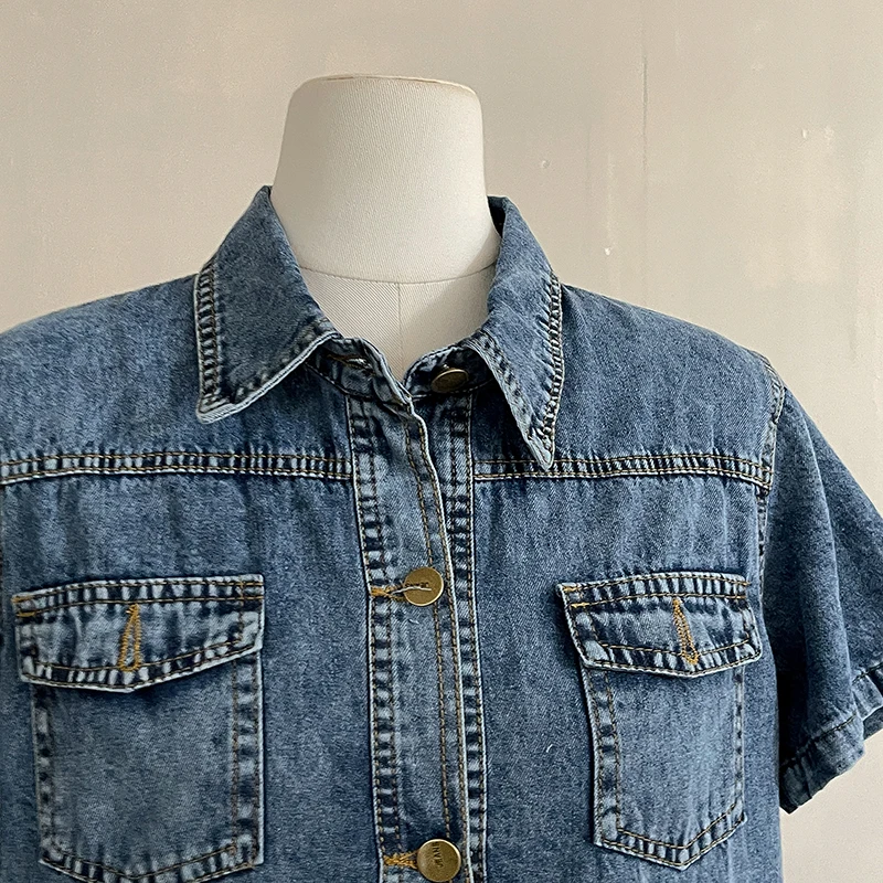 Dames denim shirtjurken 2023 zomer nieuwe retro jurk met enkele rij knopen en korte mouwen losse casual mode zakkenjurk