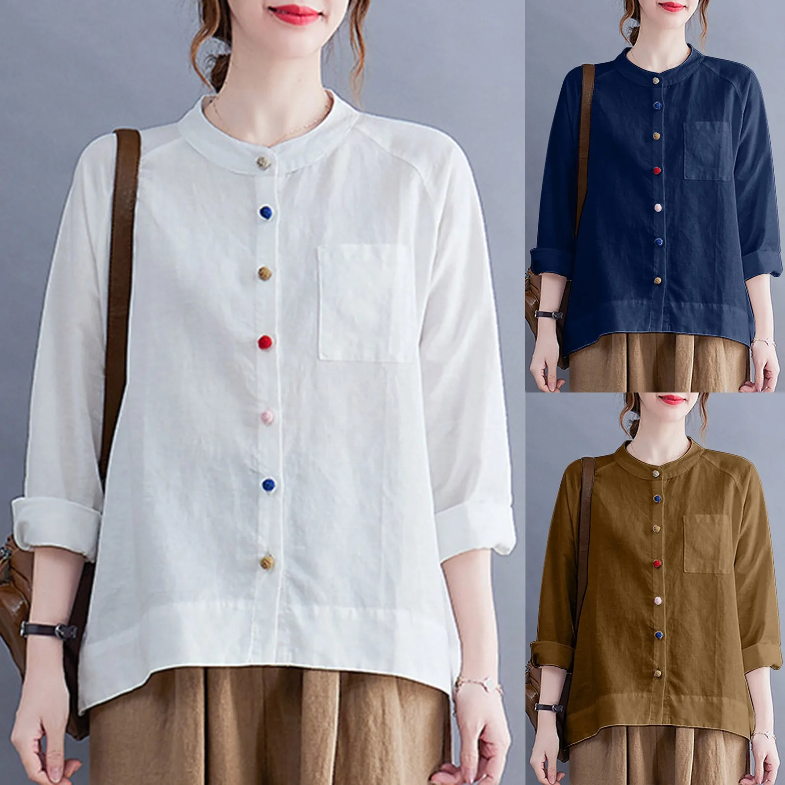 Women\'s Shirt 2024 Summer New Fashion Colourful Button Retro Art Shirt Solid Colour Round Collar Casual Loose Pocket Blouse Tops