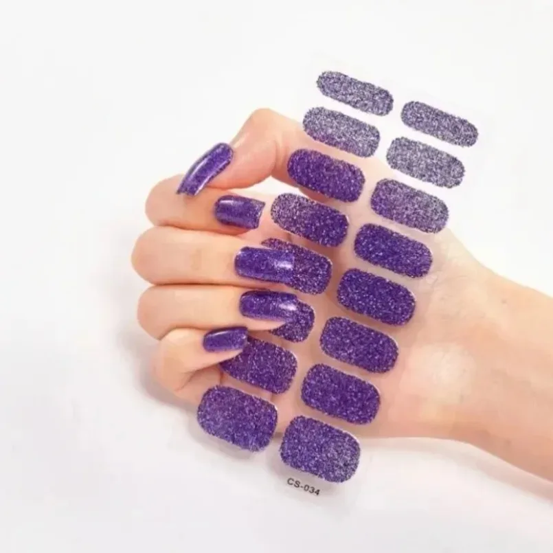 16Tips Glitter Foil Semi Cured Gel Nail Sticker French Sparkles Gel Nail Strips Patch Sliders UV Lamp Needed Full Cover Stcikers