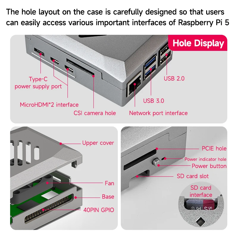 Raspberry Pi 5 ABS casing perak gratis PWM kipas pendingin tahan debu dan anti-tabrakan kompatibel dengan Radiator resmi