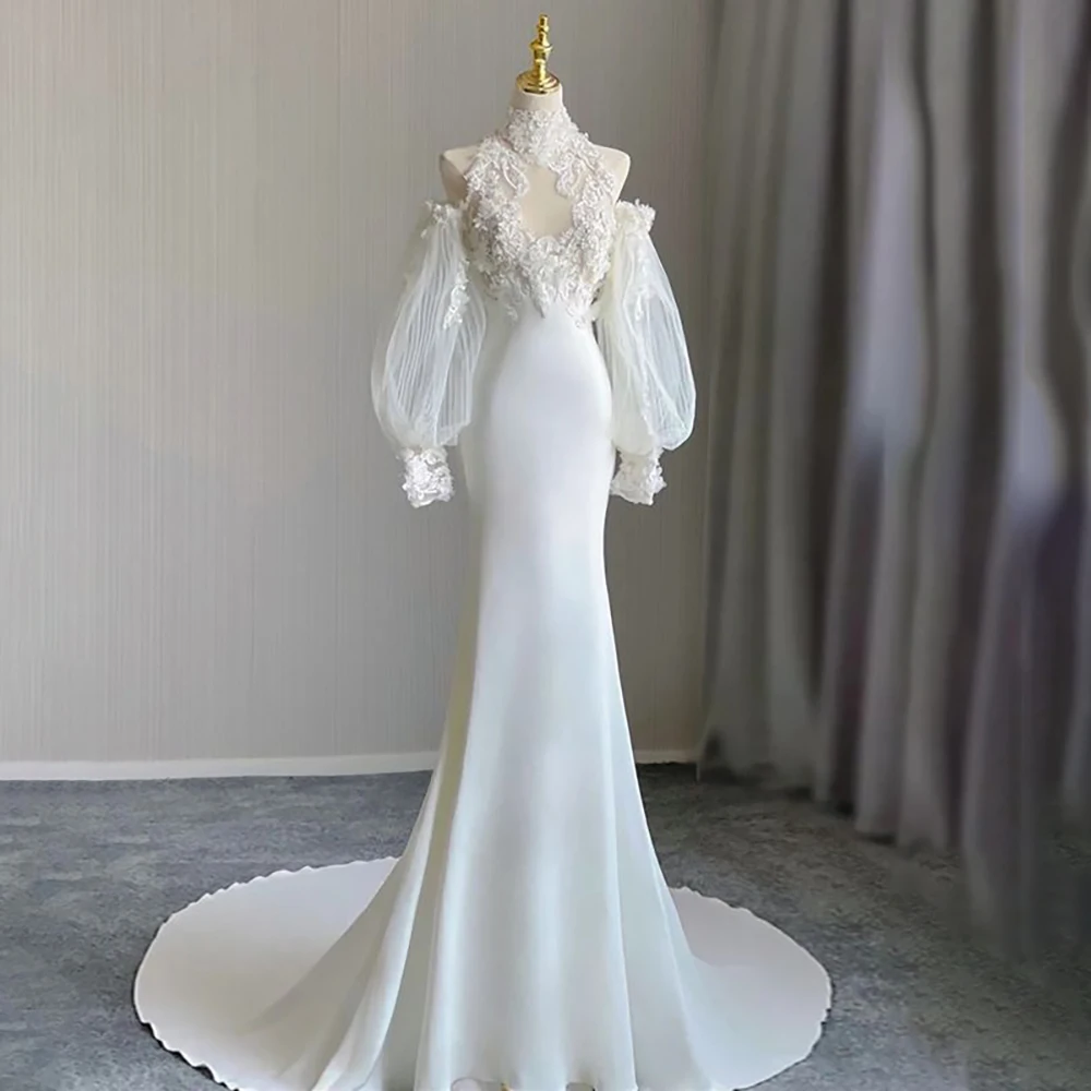 فساتين زفاف حورية البحر بسيطة من الدانتيل أنيقة بلون سادة ورقبة عالية وأكمام طويلة فستان زفاف بسيط للنساء للحفلات