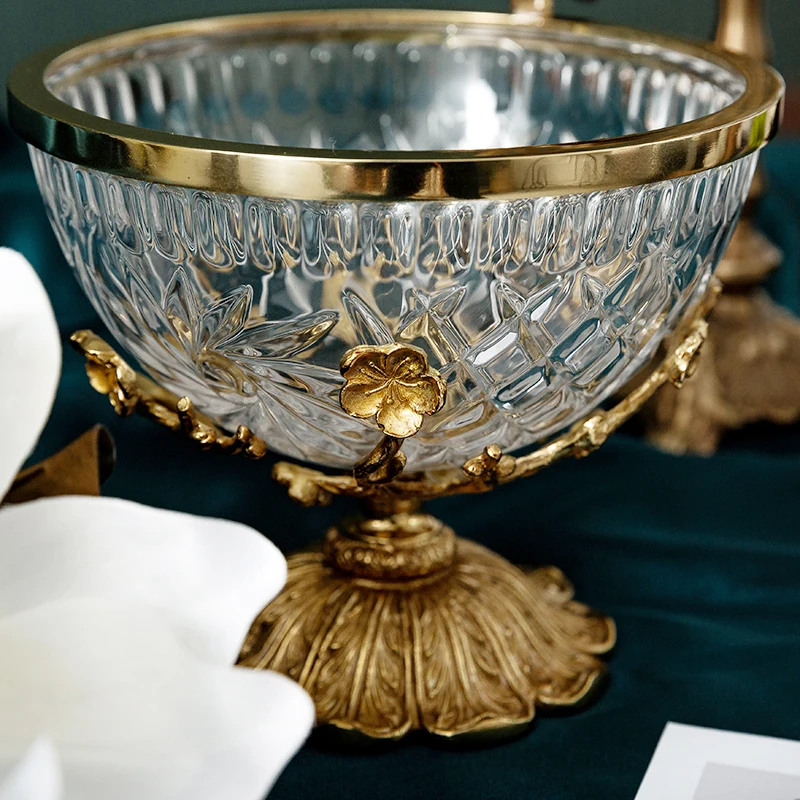 Glass Fruit Plate European French Light Luxury Coffee Table Household Brass Engraved Candy Bowl Dried